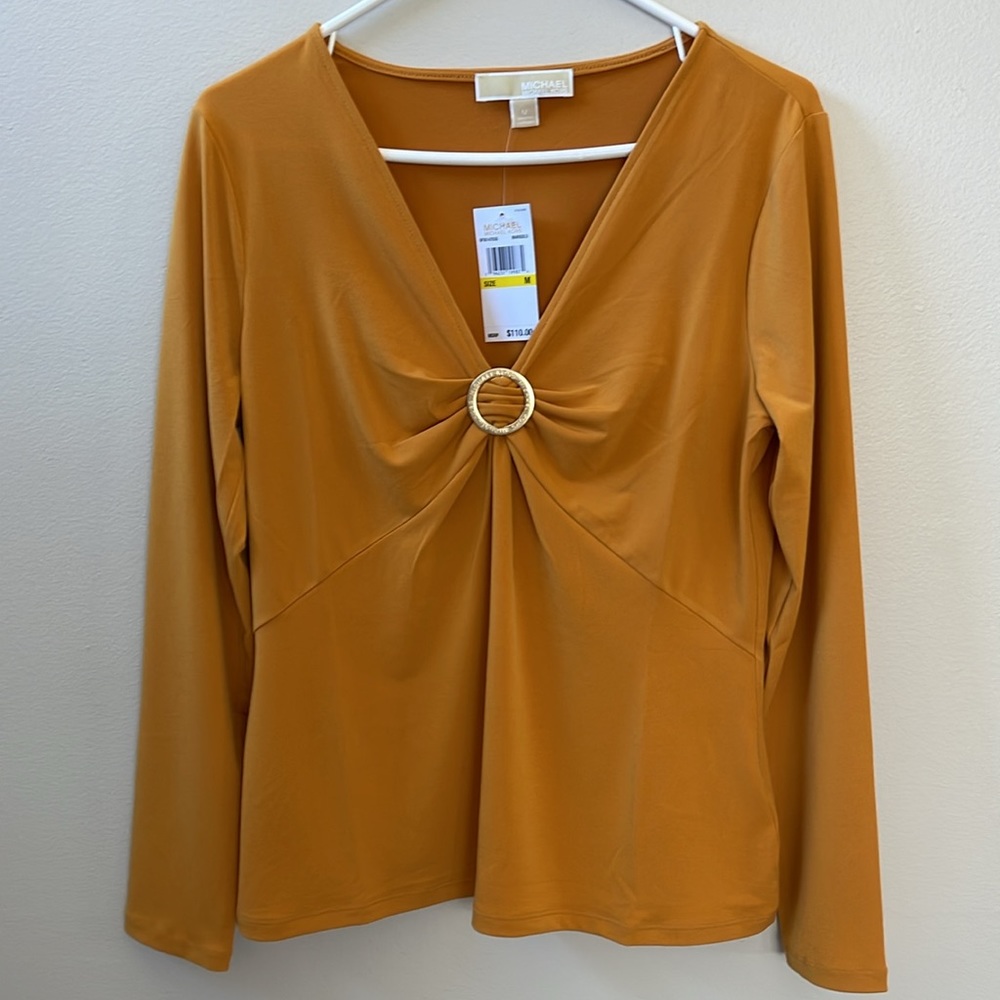 Michael Kors Twist Front Marigold Gold Mustard Blouse Long Sleeve Womens Medium